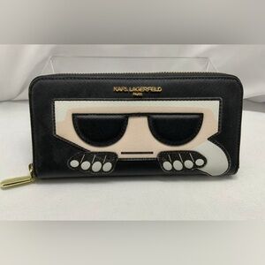 Karl Lagerfeld Black Wallet with Gold Zipper and Cream Design